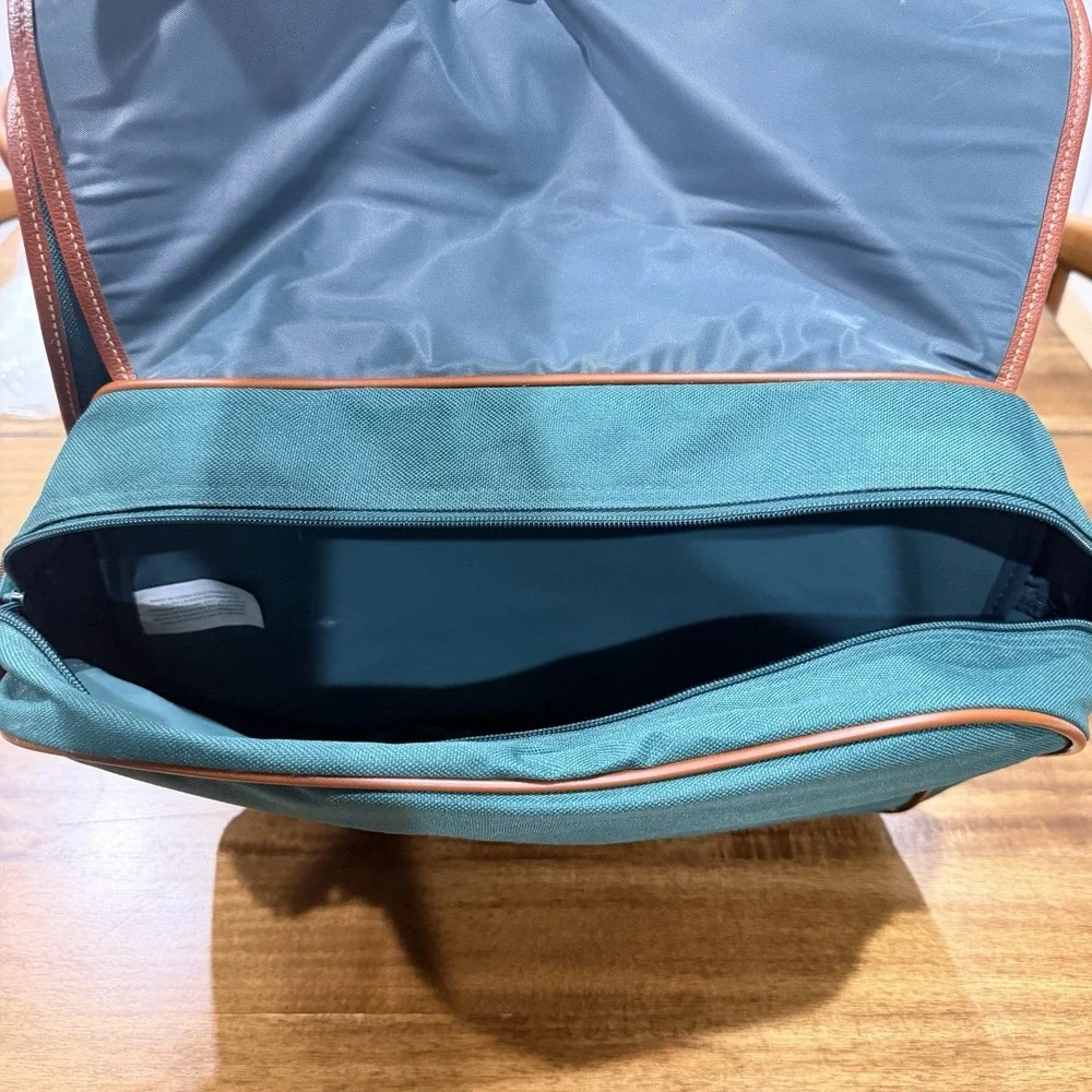 Polo Ralph Lauren Messenger Bag Teal Green Canvas Brown Trim Vintage Crossbody